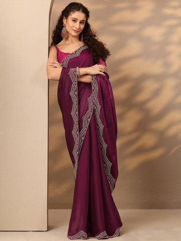Magenta Solid Silk Blend Saree With Unstitched Blouse Piece