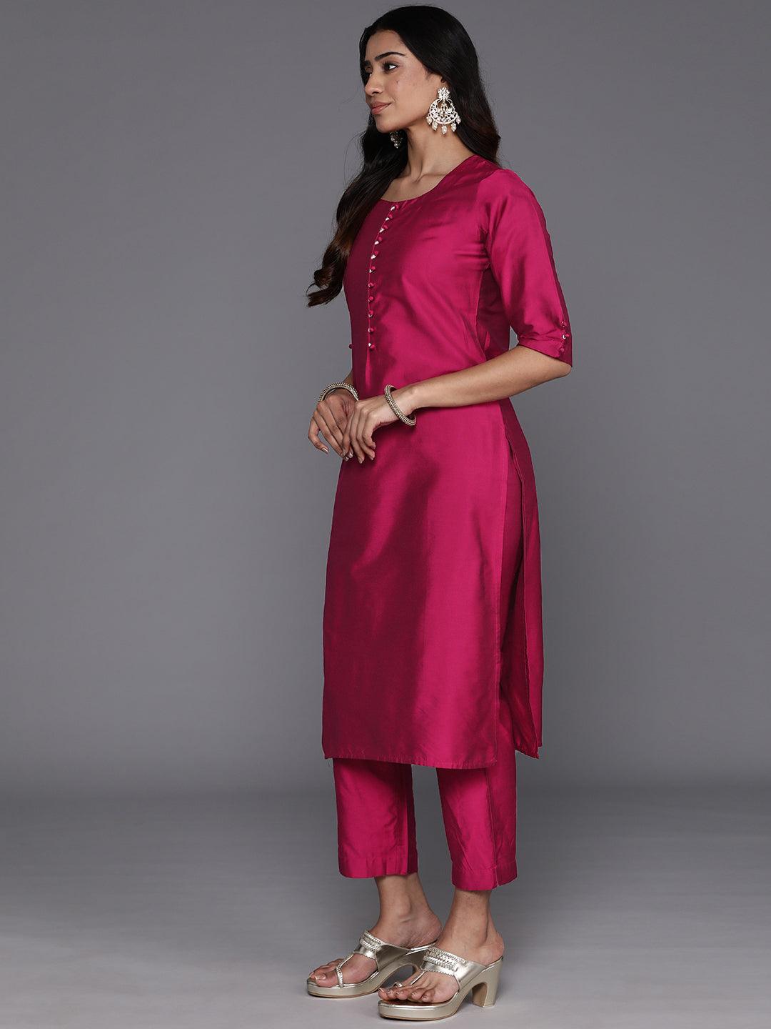 Magenta Solid Silk Blend Straight Suit With Dupatta