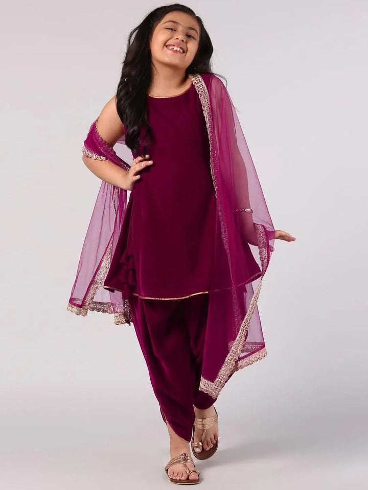 Magenta Solid Velvet Suit Set - Libas