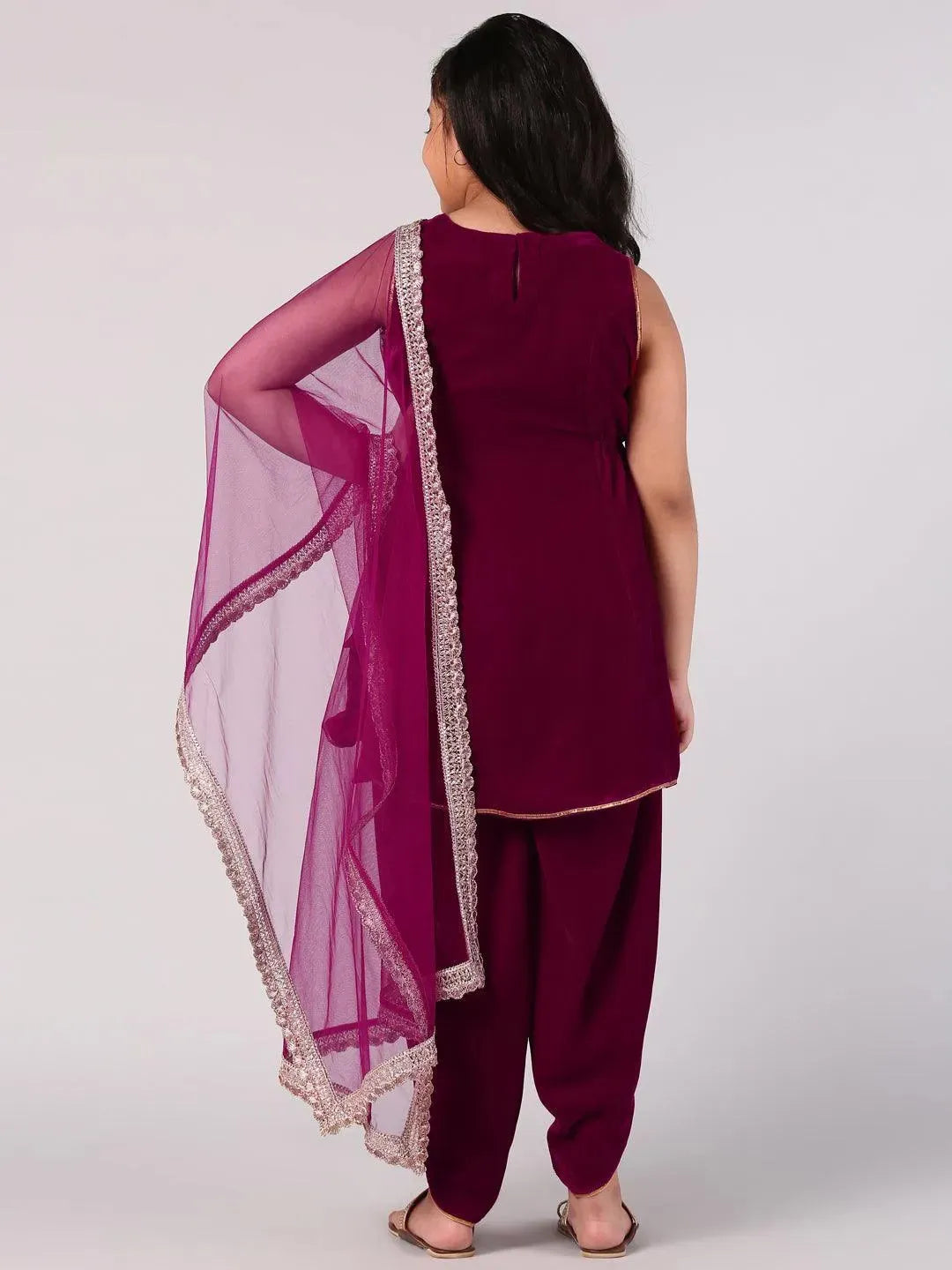 Magenta Solid Velvet Suit Set - Libas 