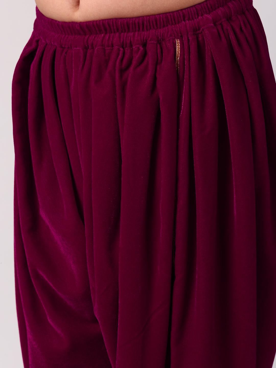 Magenta Solid Velvet Suit Set - Libas