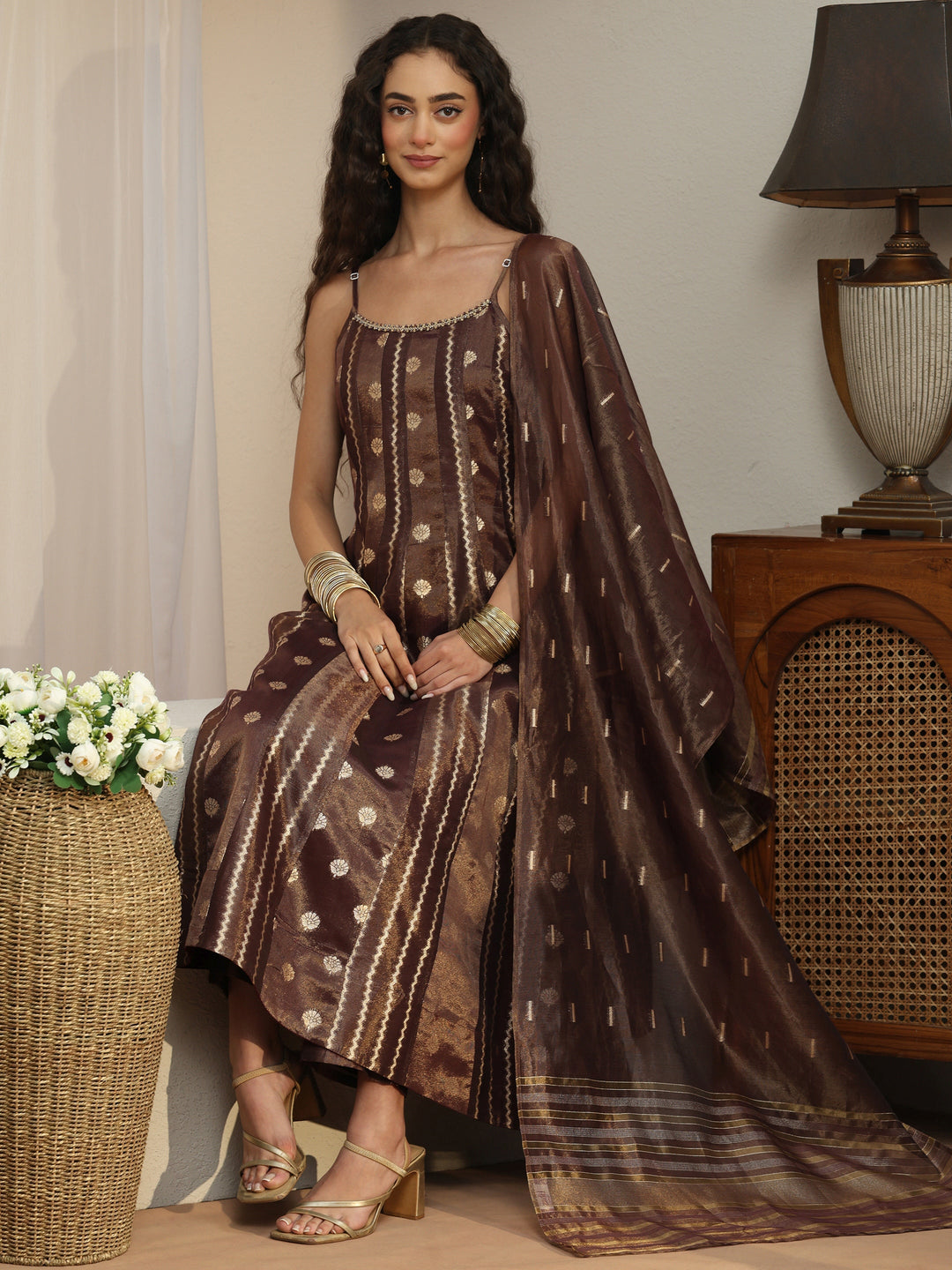  Mahogany Brown Woven Design Chanderi Silk A-Line Suit Set 