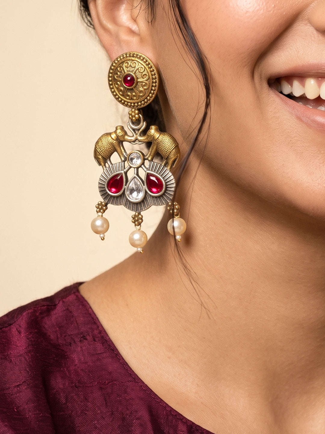  Libas Antique Gold Elephant Motif Pearl Drop Earrings 