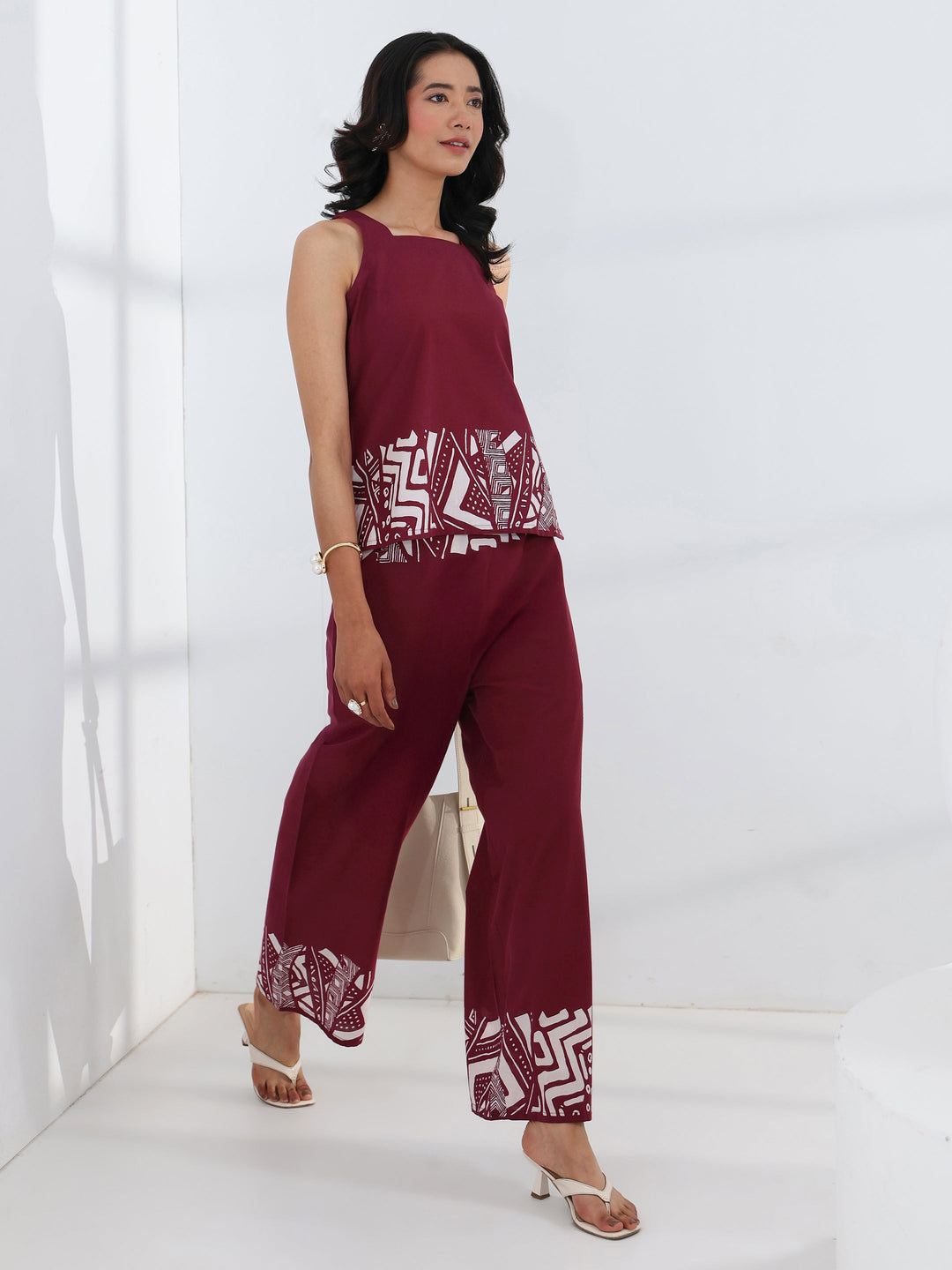  Maroon Abstract Printed Cotton Co-Ord Set 