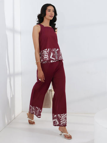 Maroon Abstract Printed Cotton Co-Ord Set