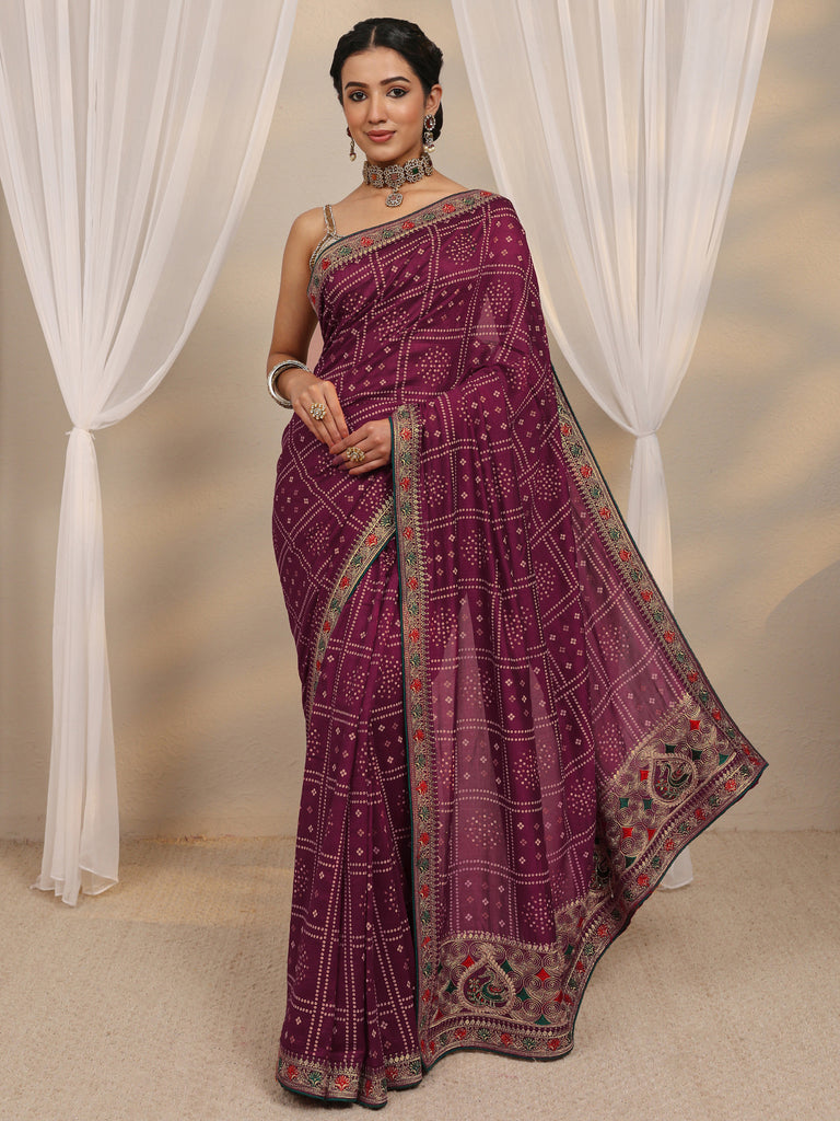 Libas Maroon Bandhani Printed Silk Blend Saree With Unstitched Blouse Piece