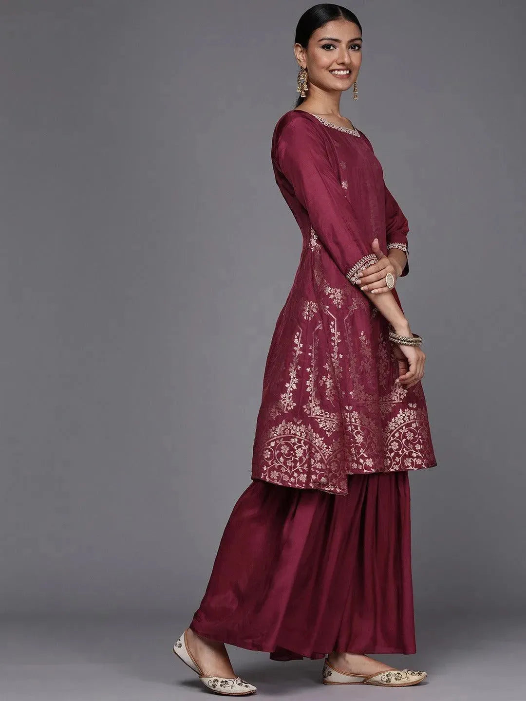 Maroon Brocade Silk Blend A-Line Suit Set - Libas 