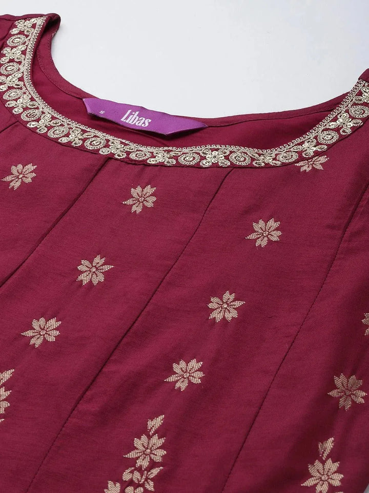 Maroon Brocade Silk Blend A-Line Suit Set - Libas