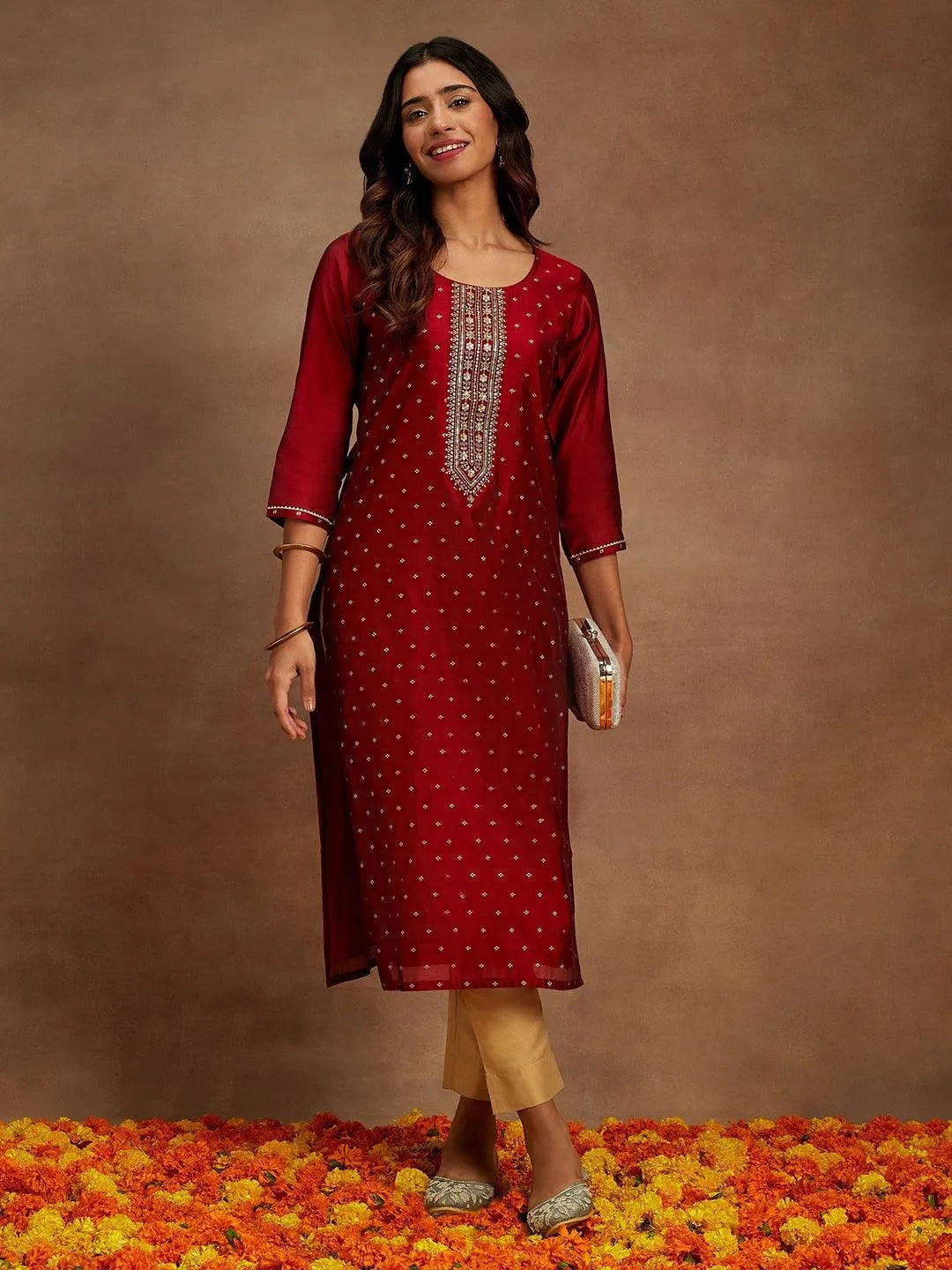 Maroon Chanderi Silk Woven Design Kurta - Libas 