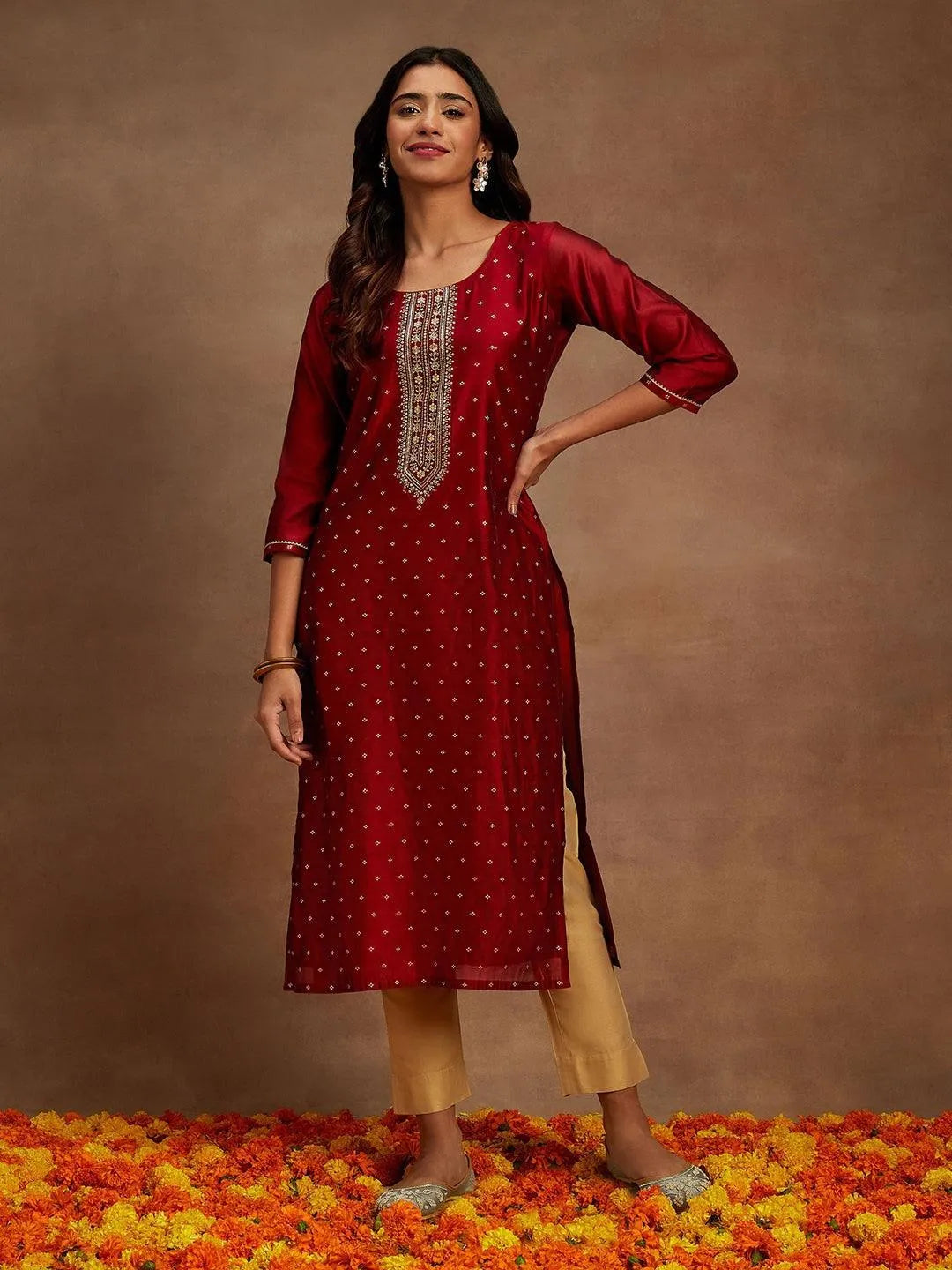 Maroon Chanderi Silk Woven Design Kurta - Libas 