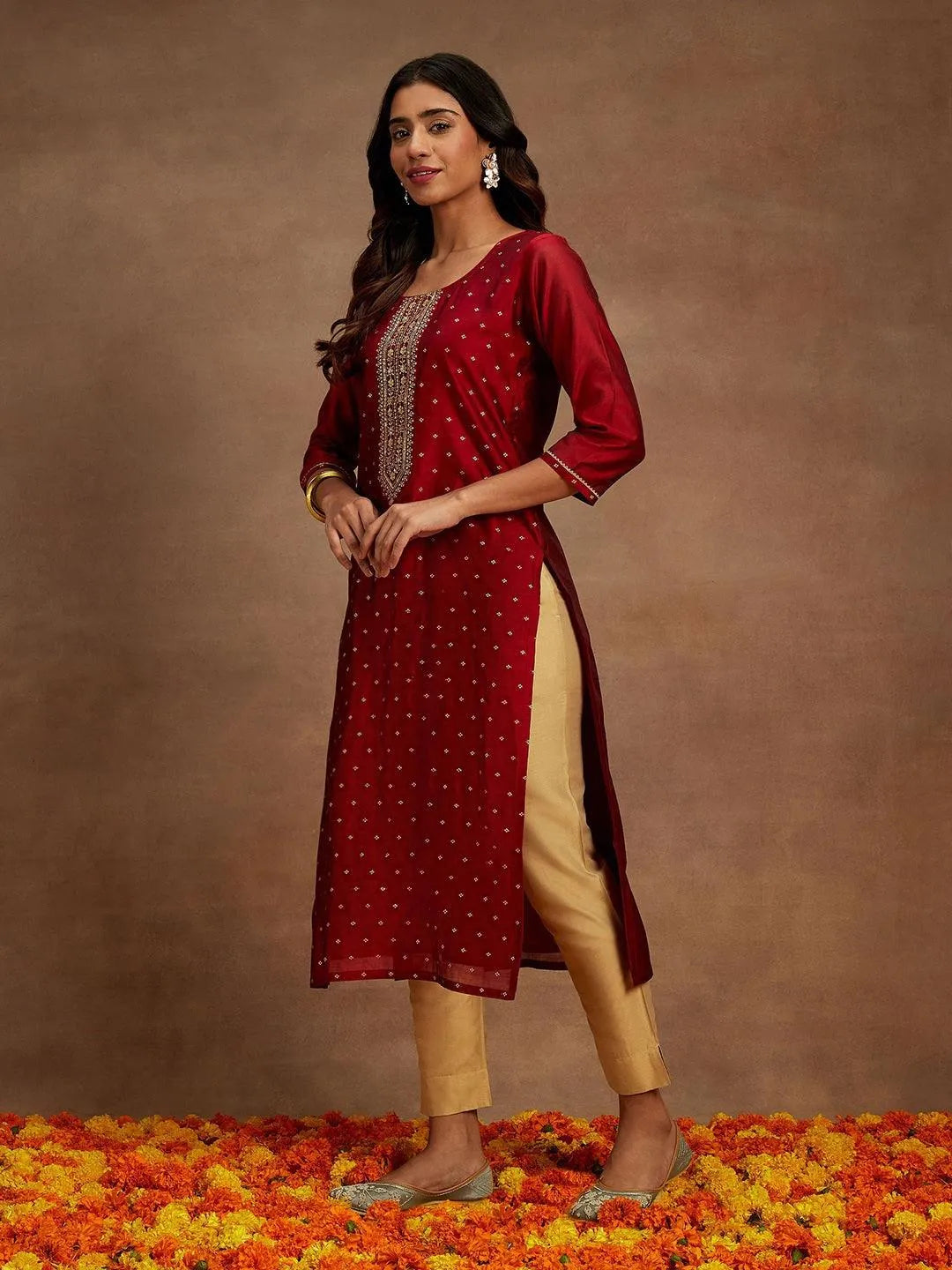 Maroon Chanderi Silk Woven Design Kurta - Libas 