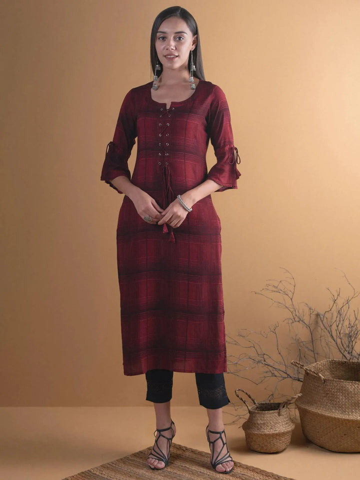 Maroon Checkered Rayon Kurta - Libas