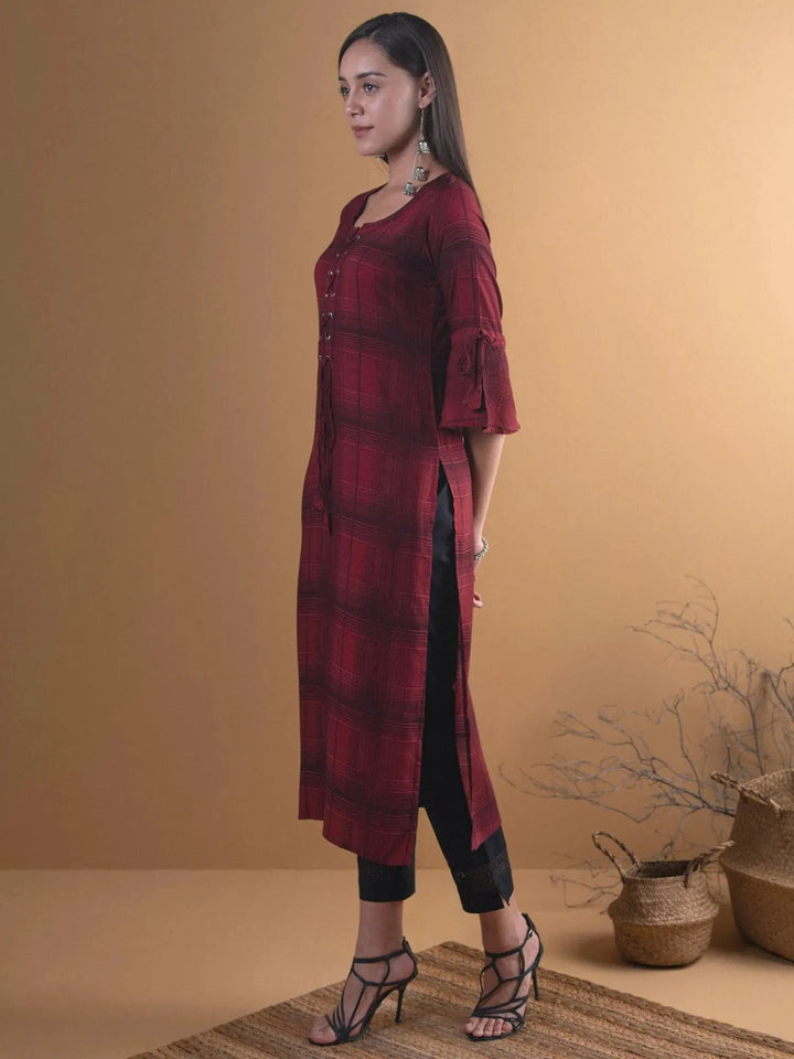 Maroon Checkered Rayon Kurta - Libas