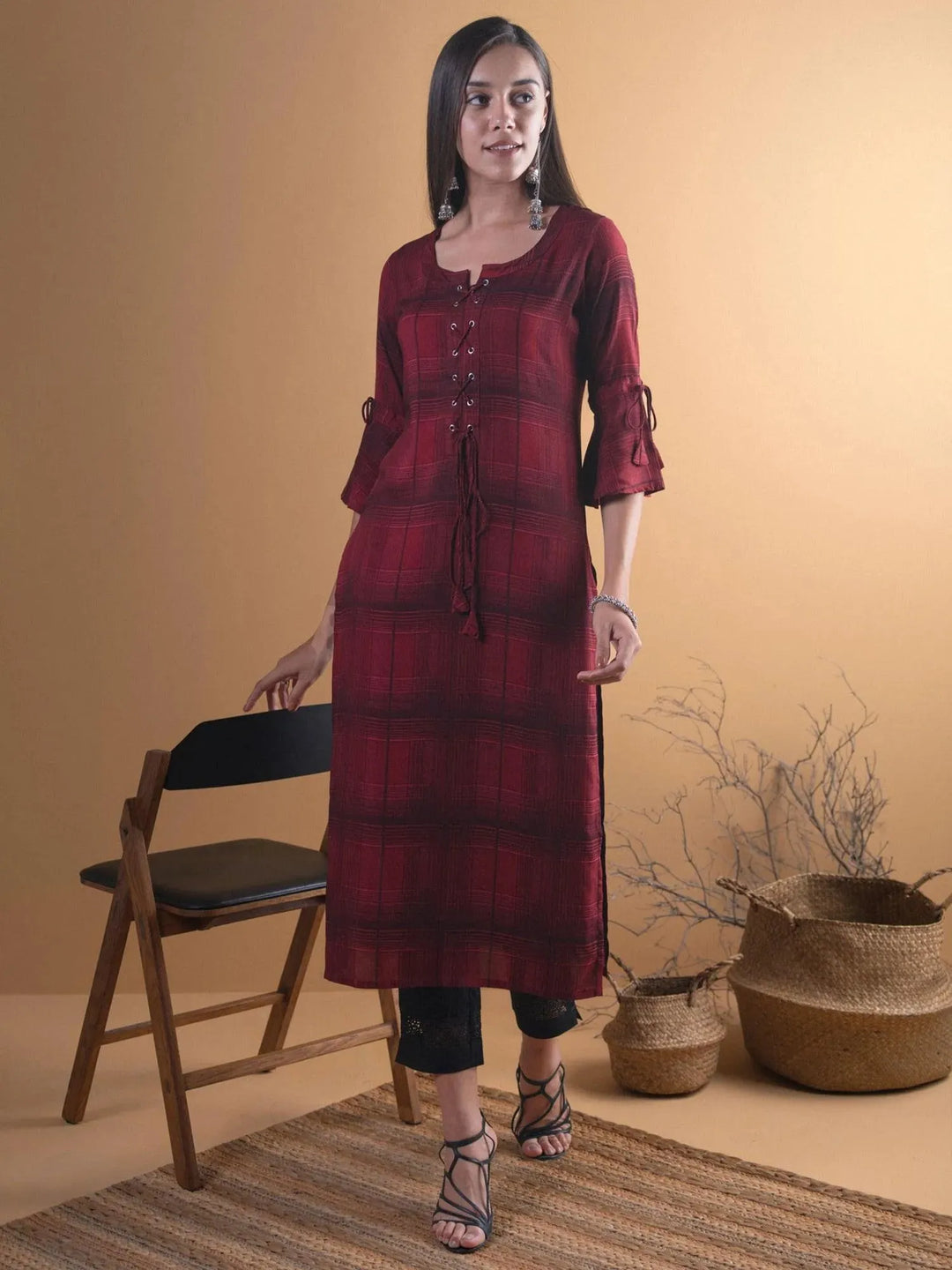 Maroon Checkered Rayon Kurta - Libas 
