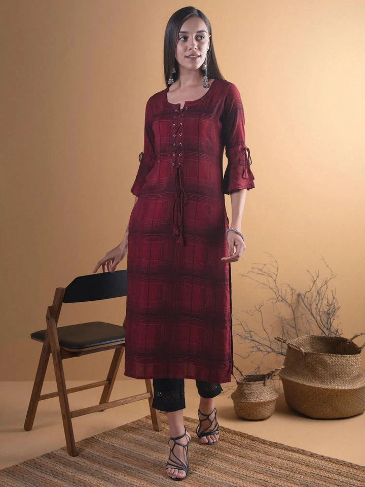 Maroon Checkered Rayon Kurta - Libas