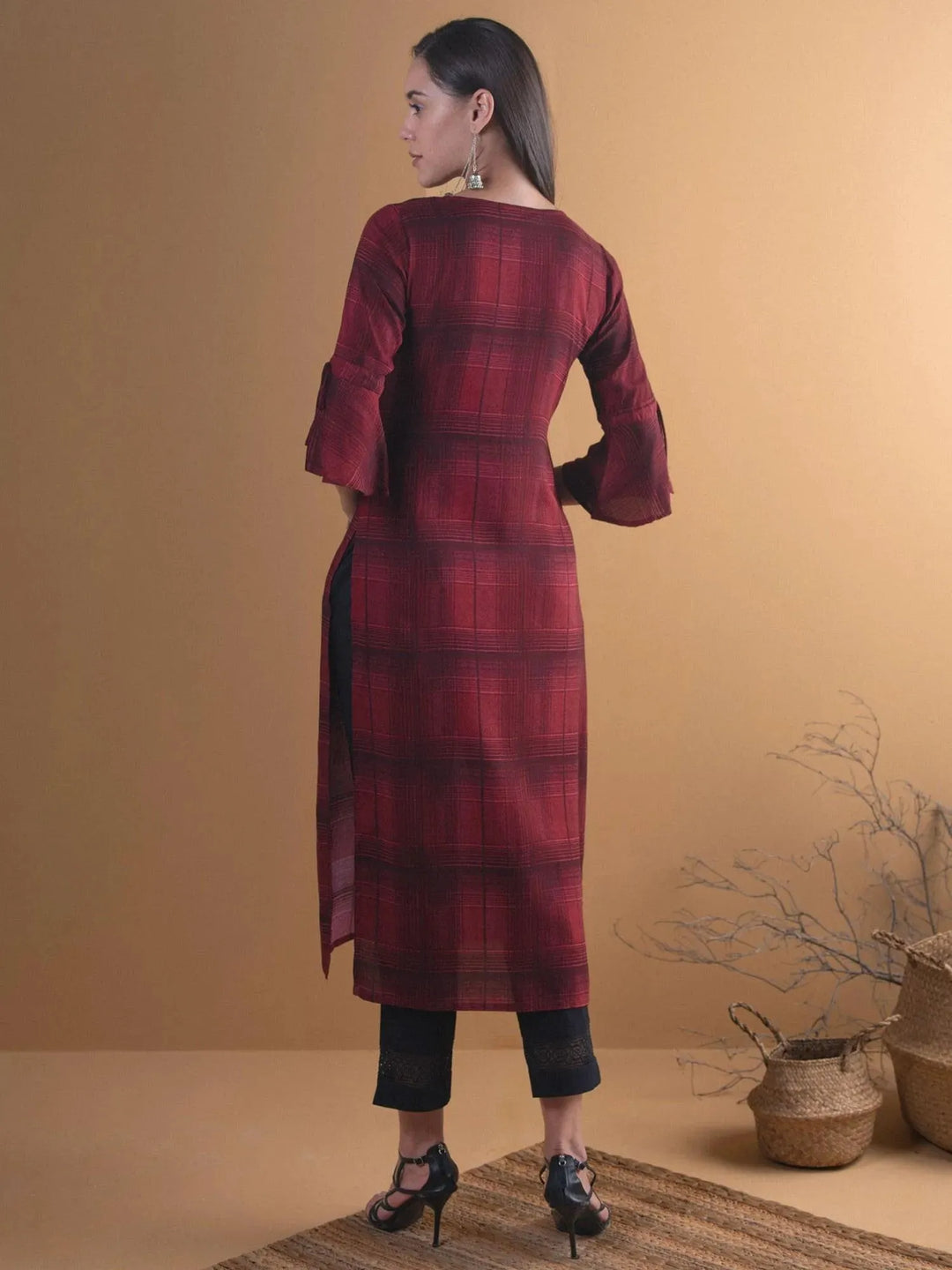 Maroon Checkered Rayon Kurta - Libas 