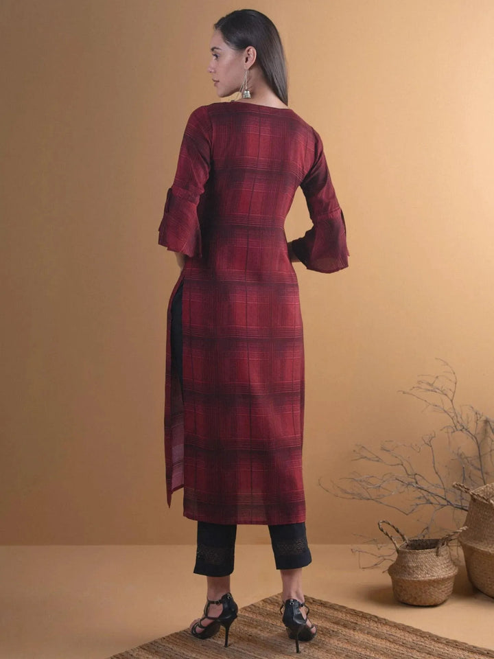 Maroon Checkered Rayon Kurta - Libas