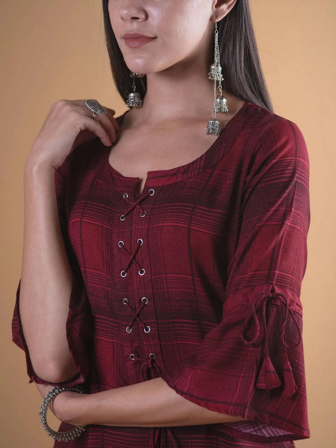 Maroon Checkered Rayon Kurta - Libas