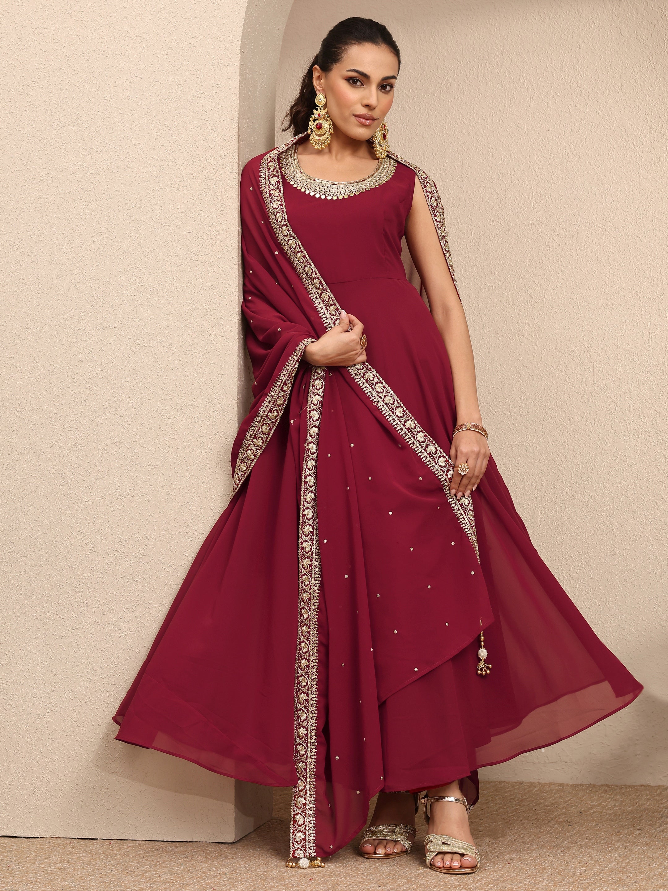 Maroon Embellished Georgette Anarkali Suit Set With Dupatta-image-11