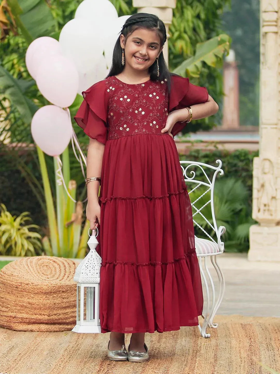 Maroon Embellished Georgette Dress