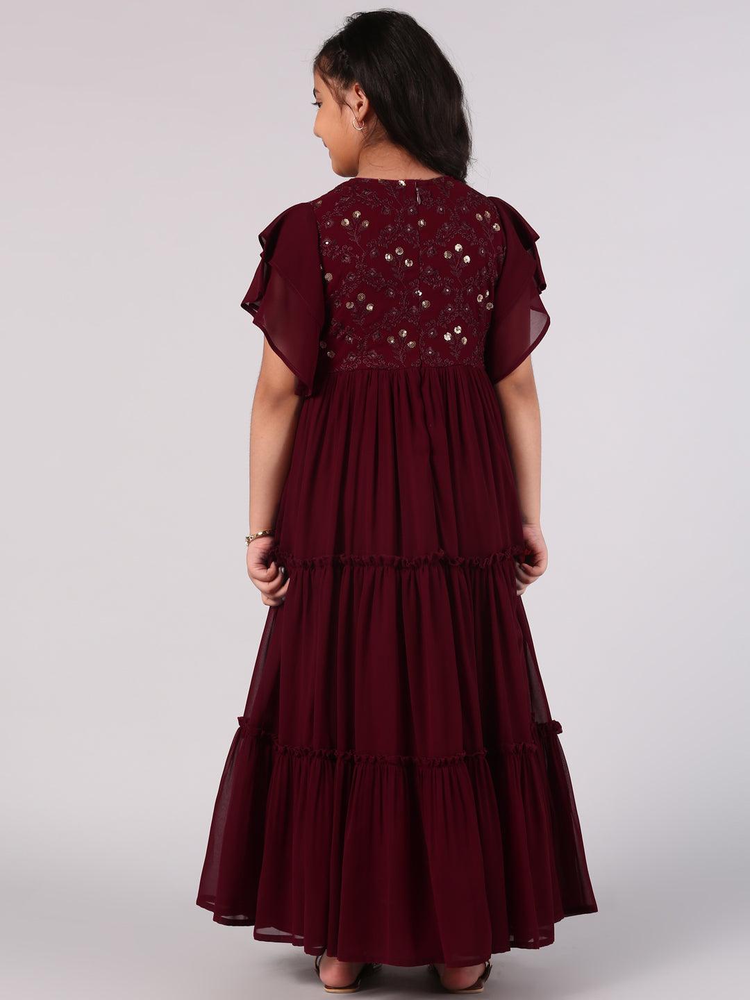 Maroon Embellished Georgette Dress - Libas