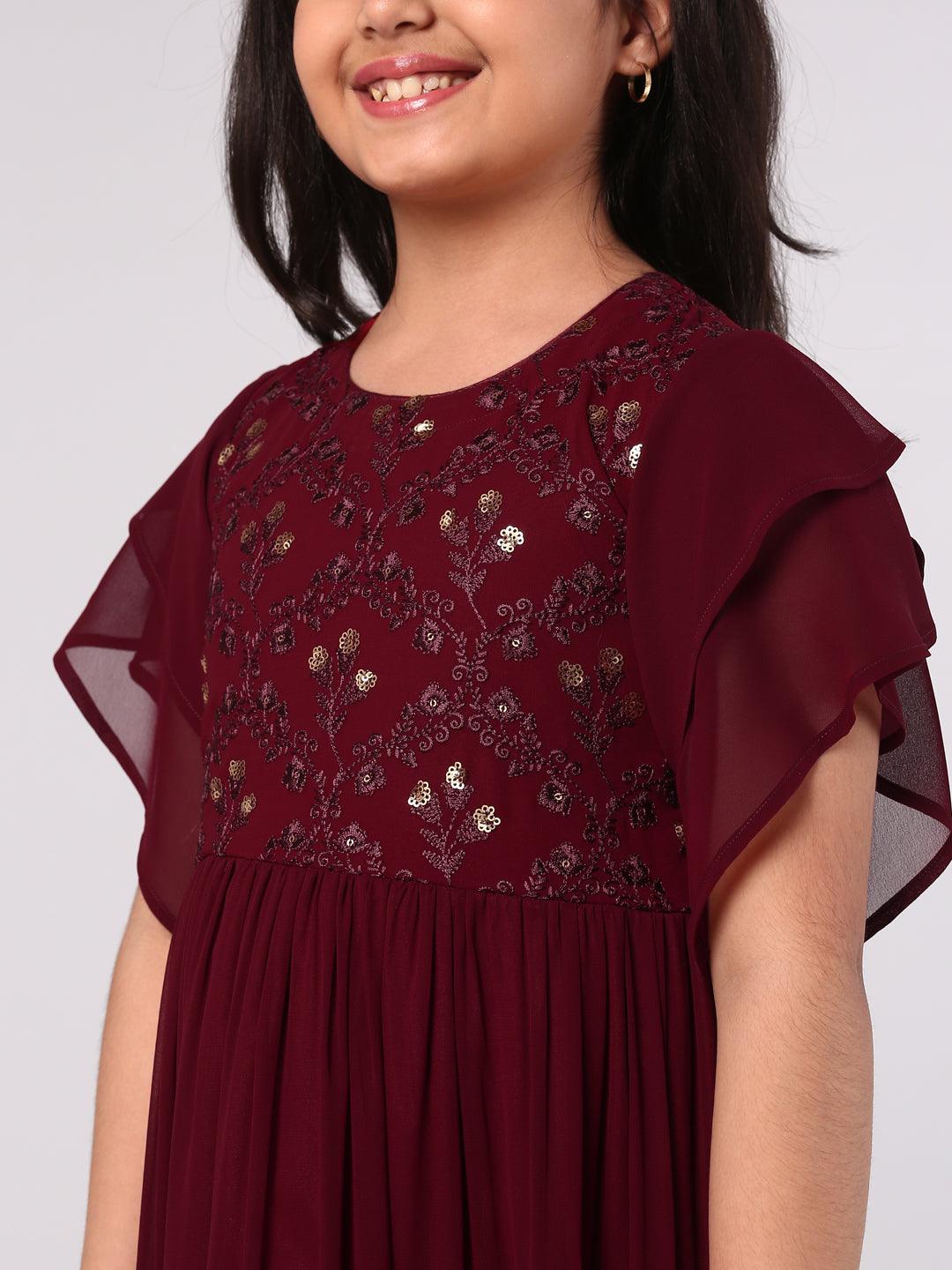 Maroon Embellished Georgette Dress - Libas