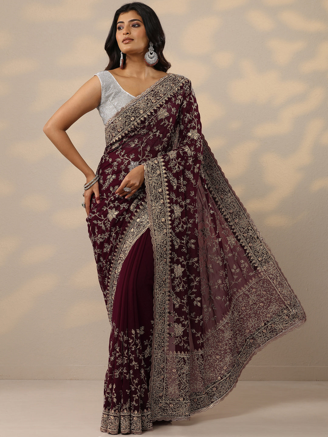 Maroon Embellished Georgette Sarees With Unstitched Blouse Piece