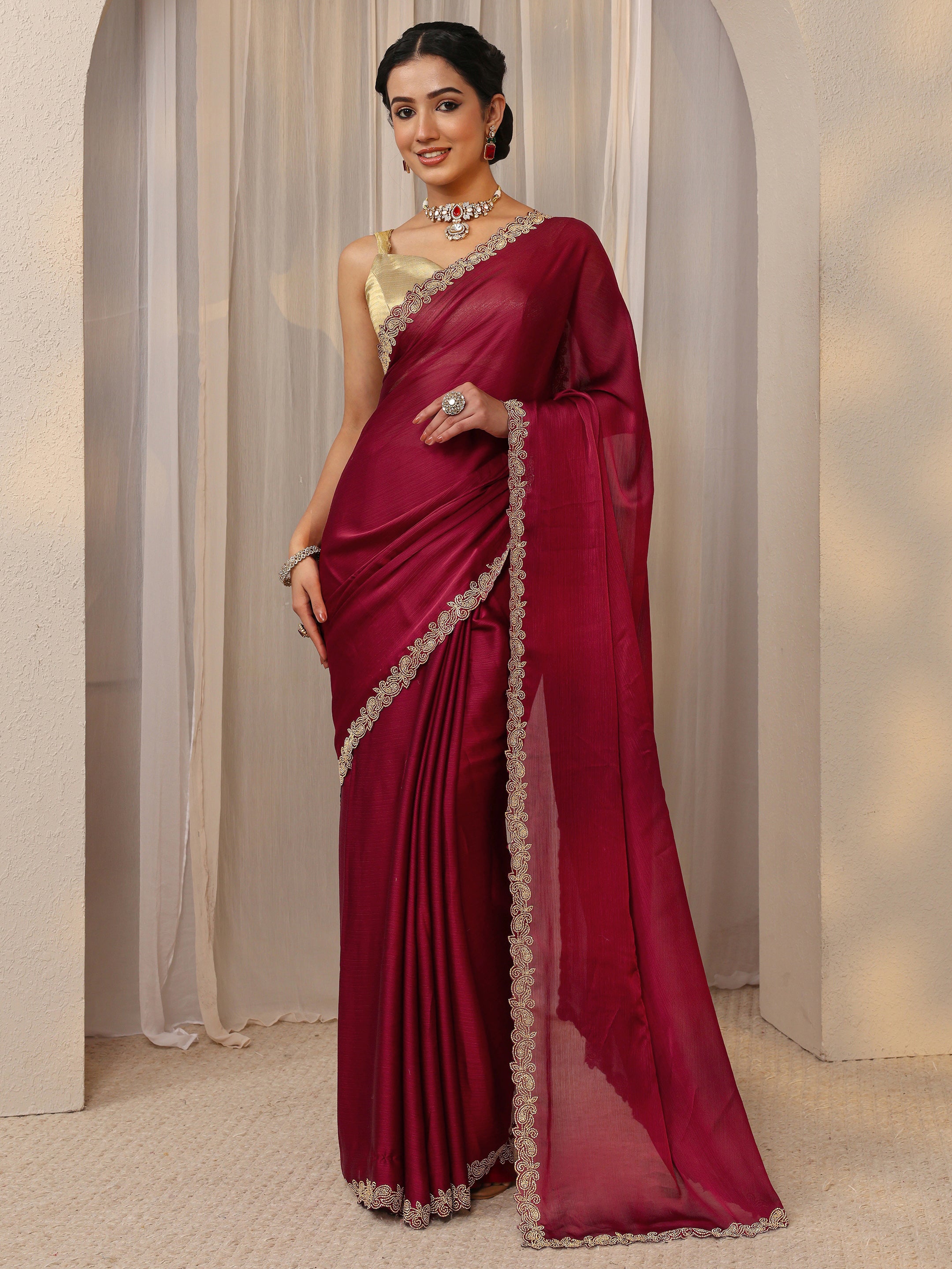 Maroon Embellished Satin Saree With Unstitched Blouse Piece-image-5