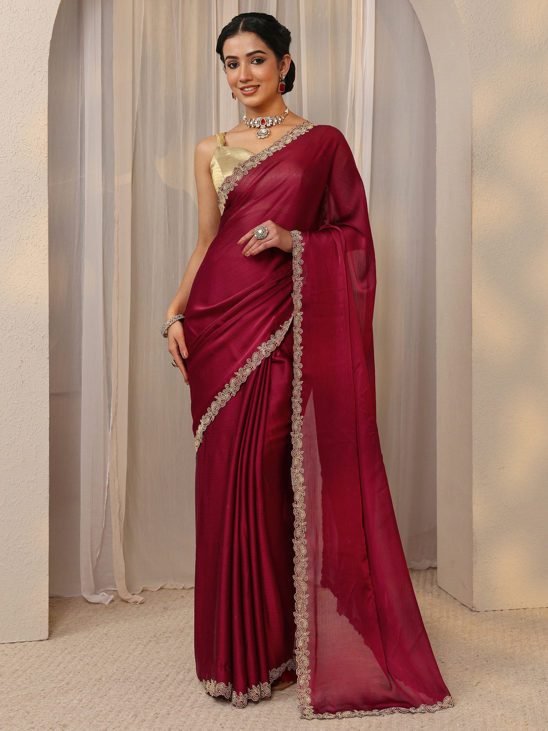 Maroon Embellished Satin Saree With Unstitched Blouse Piece
