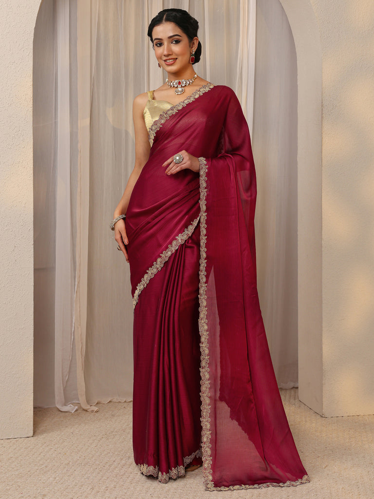 Libas Maroon Embellished Satin Saree With Unstitched Blouse Piece