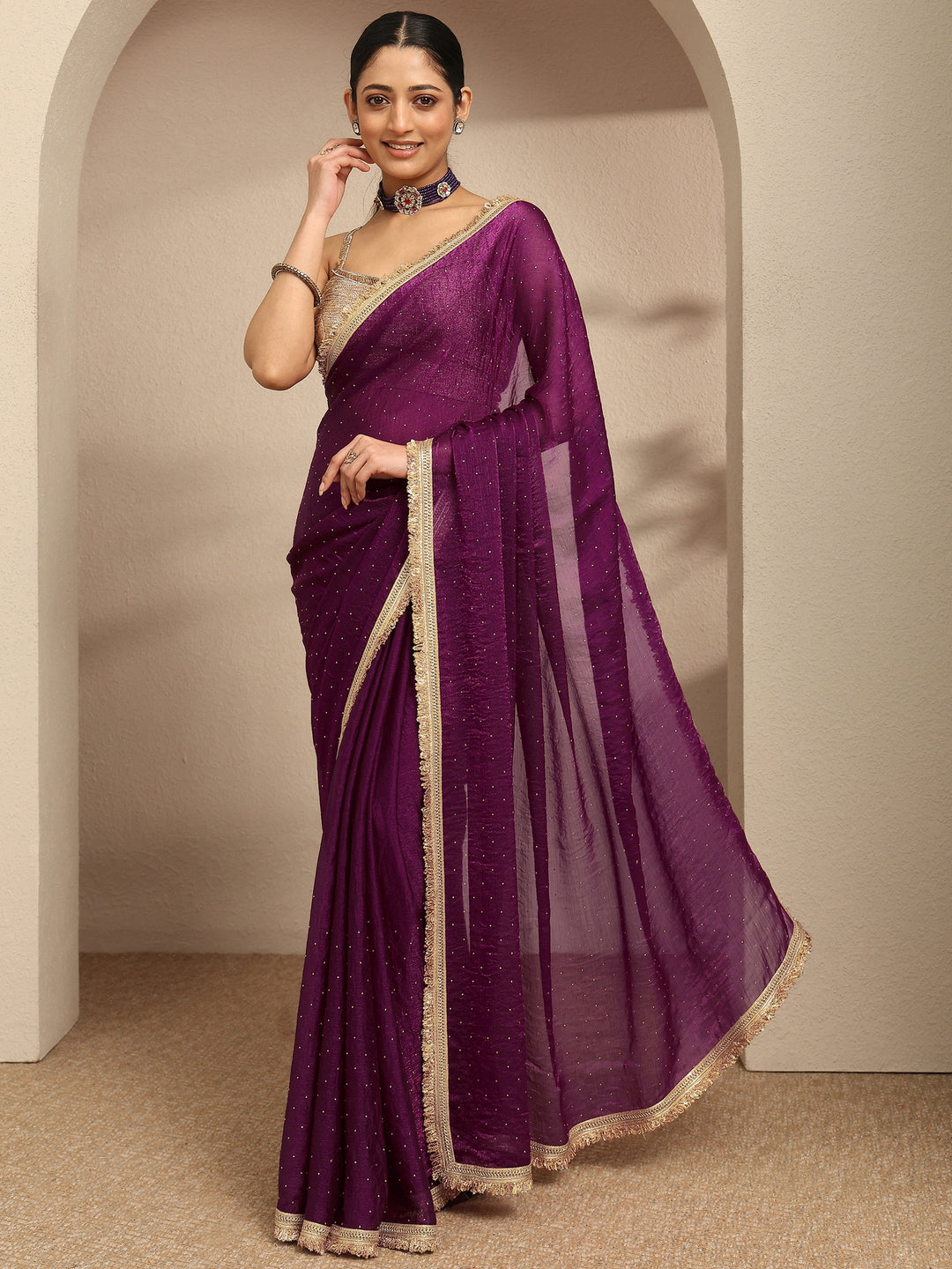 Maroon Embellished Silk Blend Saree With Unstitched Blouse Piece