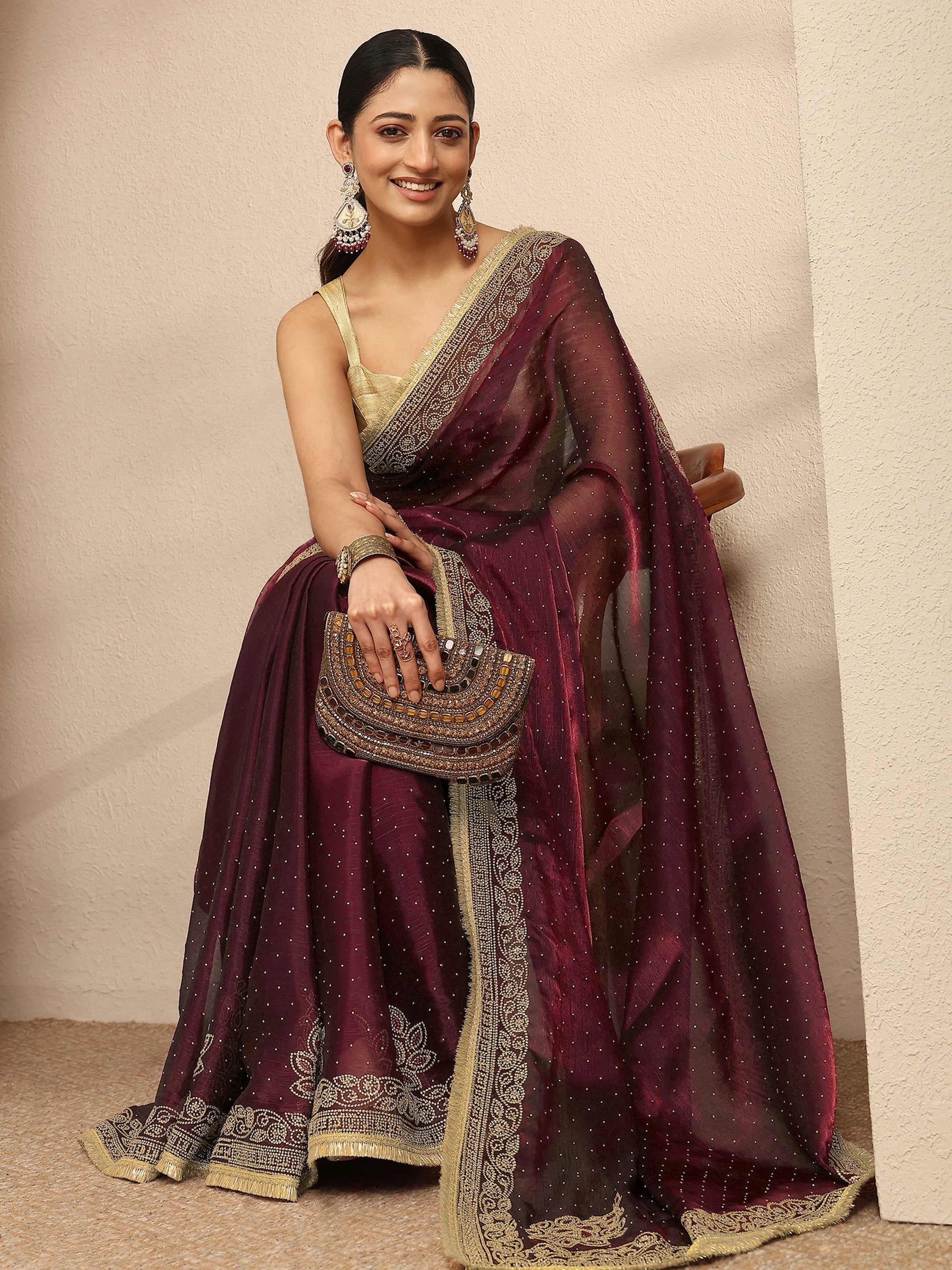 libas Maroon Embellished Silk Blend Saree With Unstitched Blouse Piece-picture-26