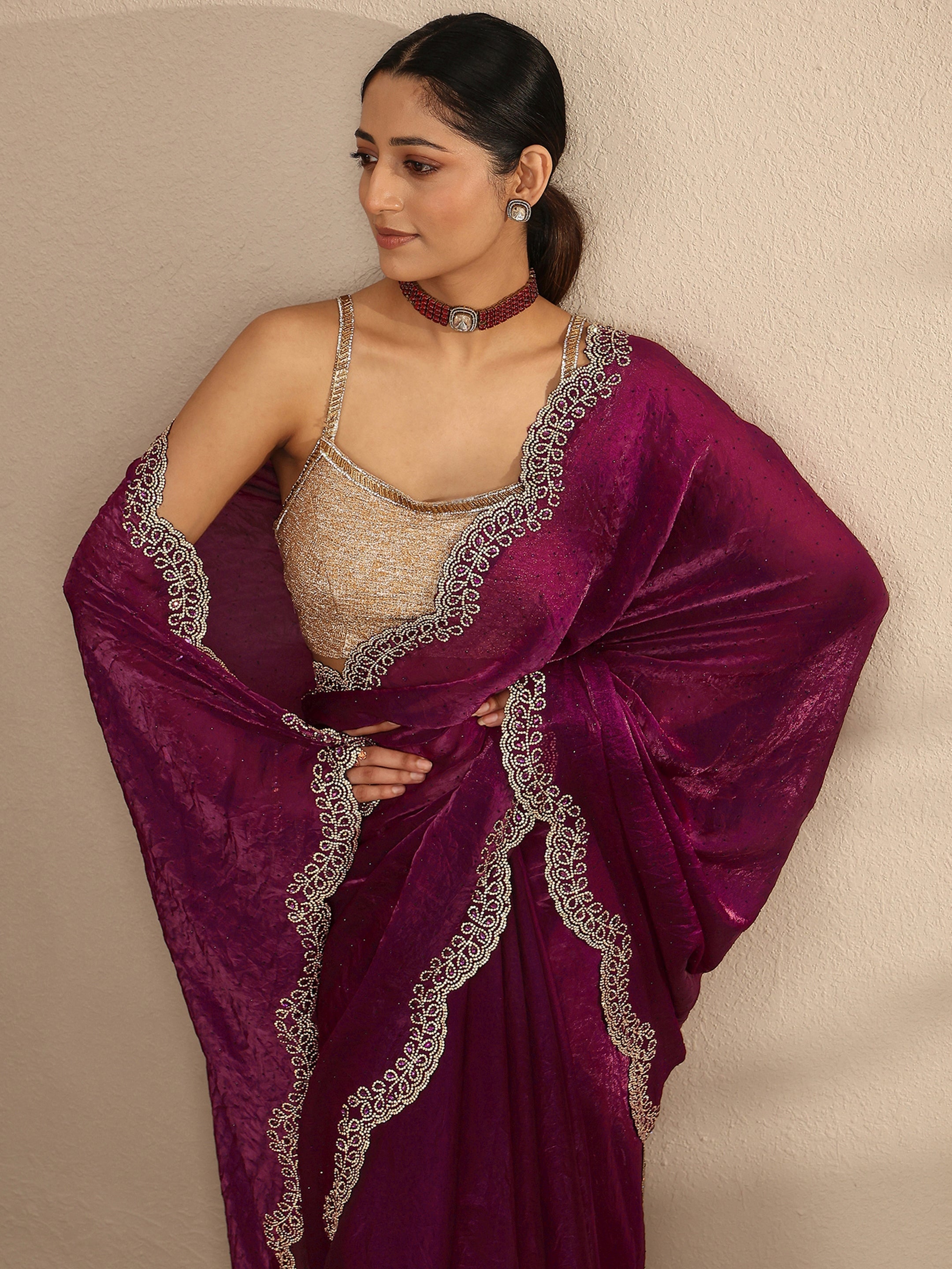 libas Maroon Embellished Silk Blend Saree With Unstitched Blouse Piece-picture-16