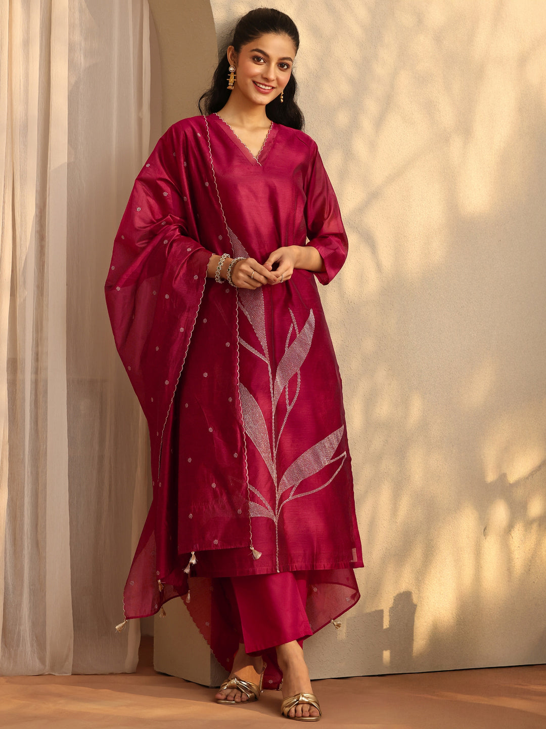 Maroon Embellished Silk Blend Straight Suit Set With Dupatta