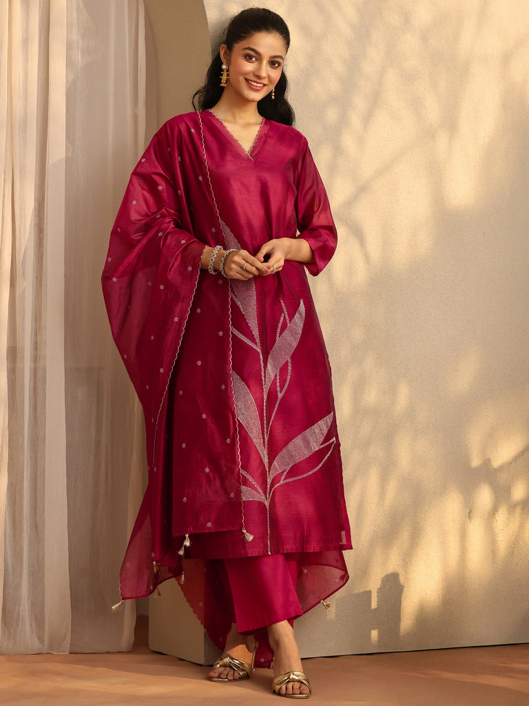 Libas Maroon Embellished Silk Blend Straight Suit Set With Dupatta
