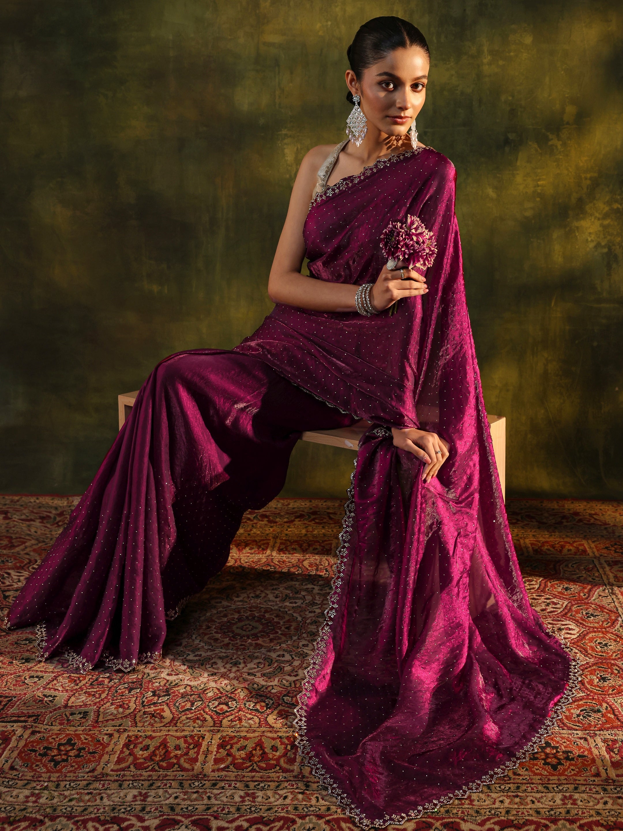 Maroon Embellished Tissue Saree With Unstitched Blouse Piece-image-7