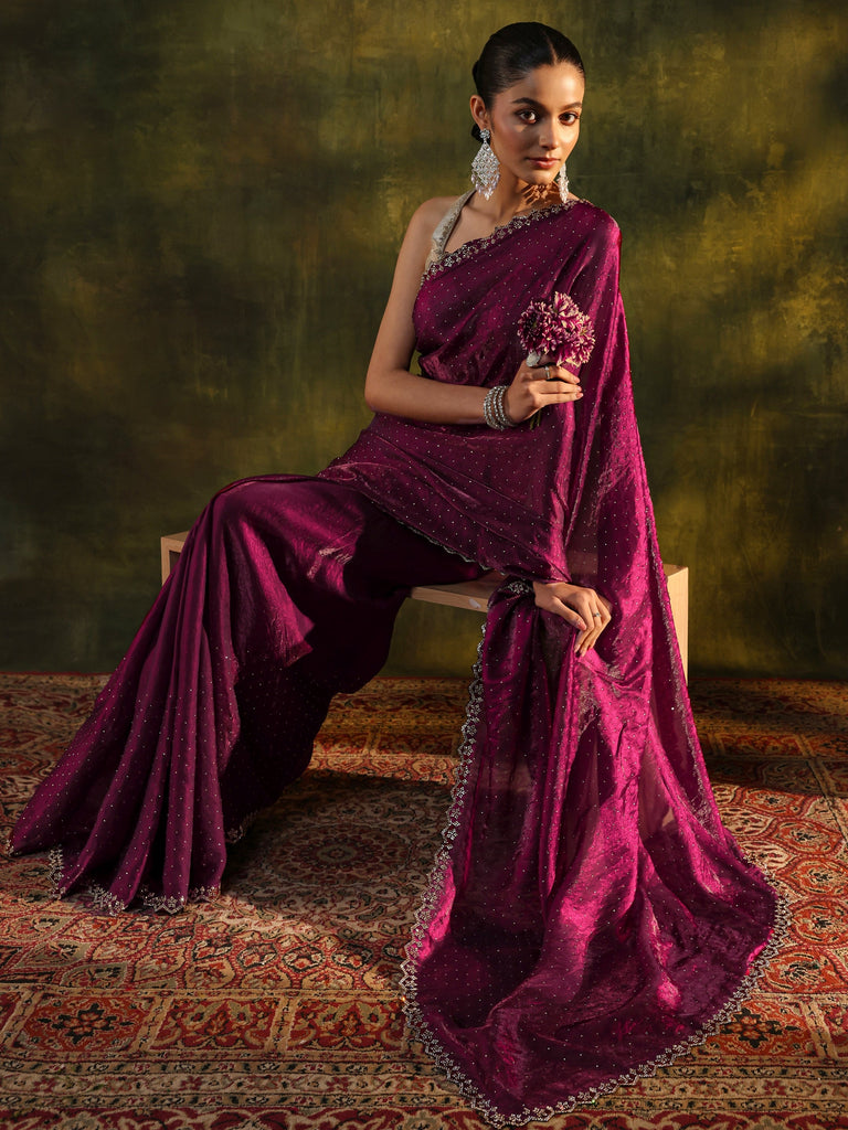 Libas Maroon Embellished Tissue Saree With Unstitched Blouse Piece