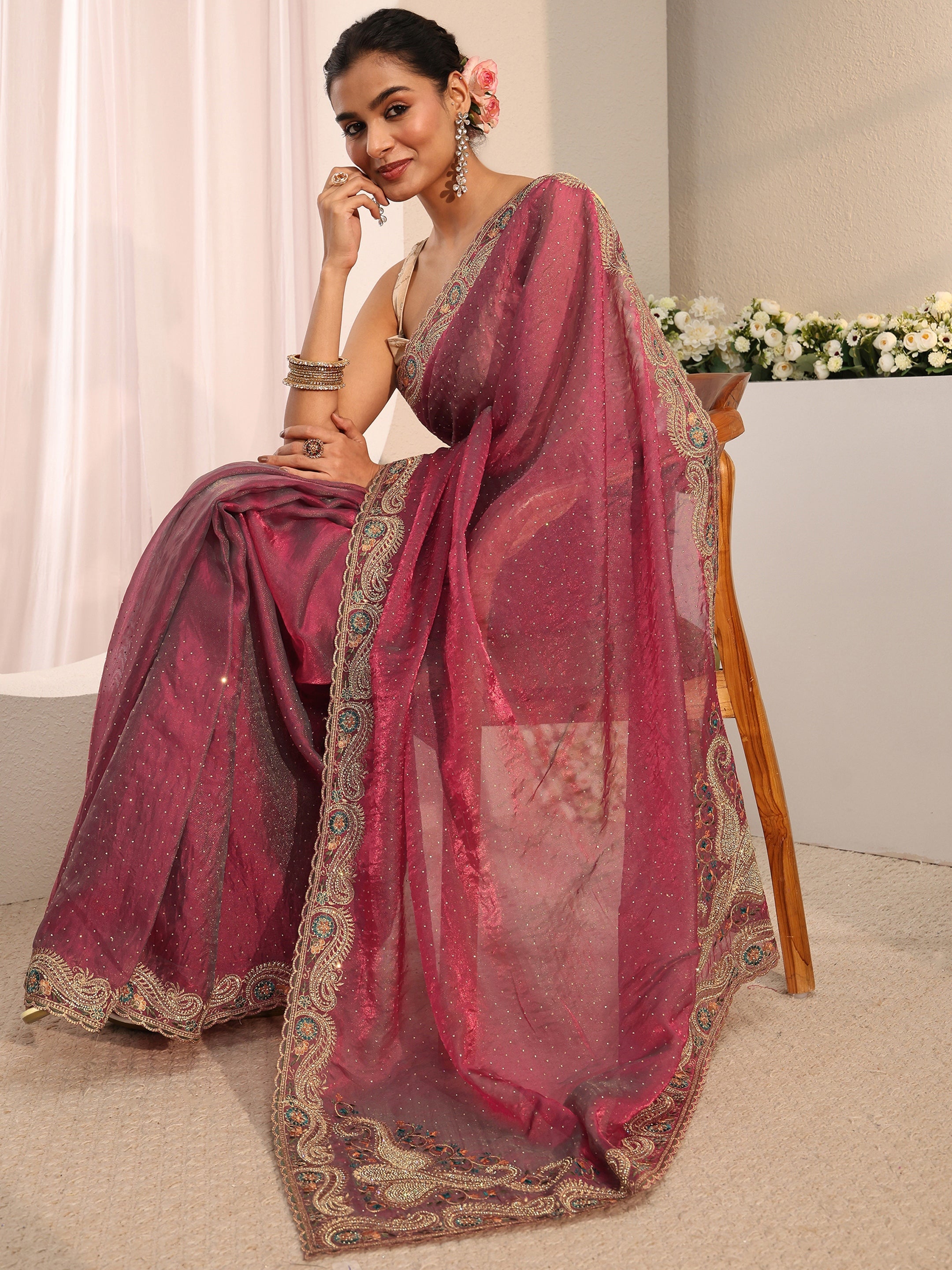 libas Maroon Embellished Tissue Saree With Unstitched Blouse Piece-picture-34