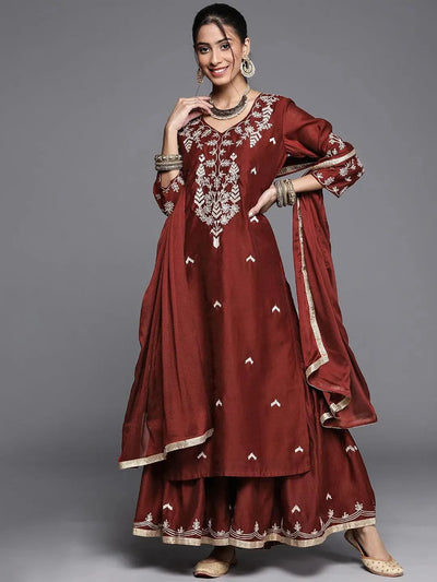 Maroon Embroidered Chanderi Silk Suit Set - Libas