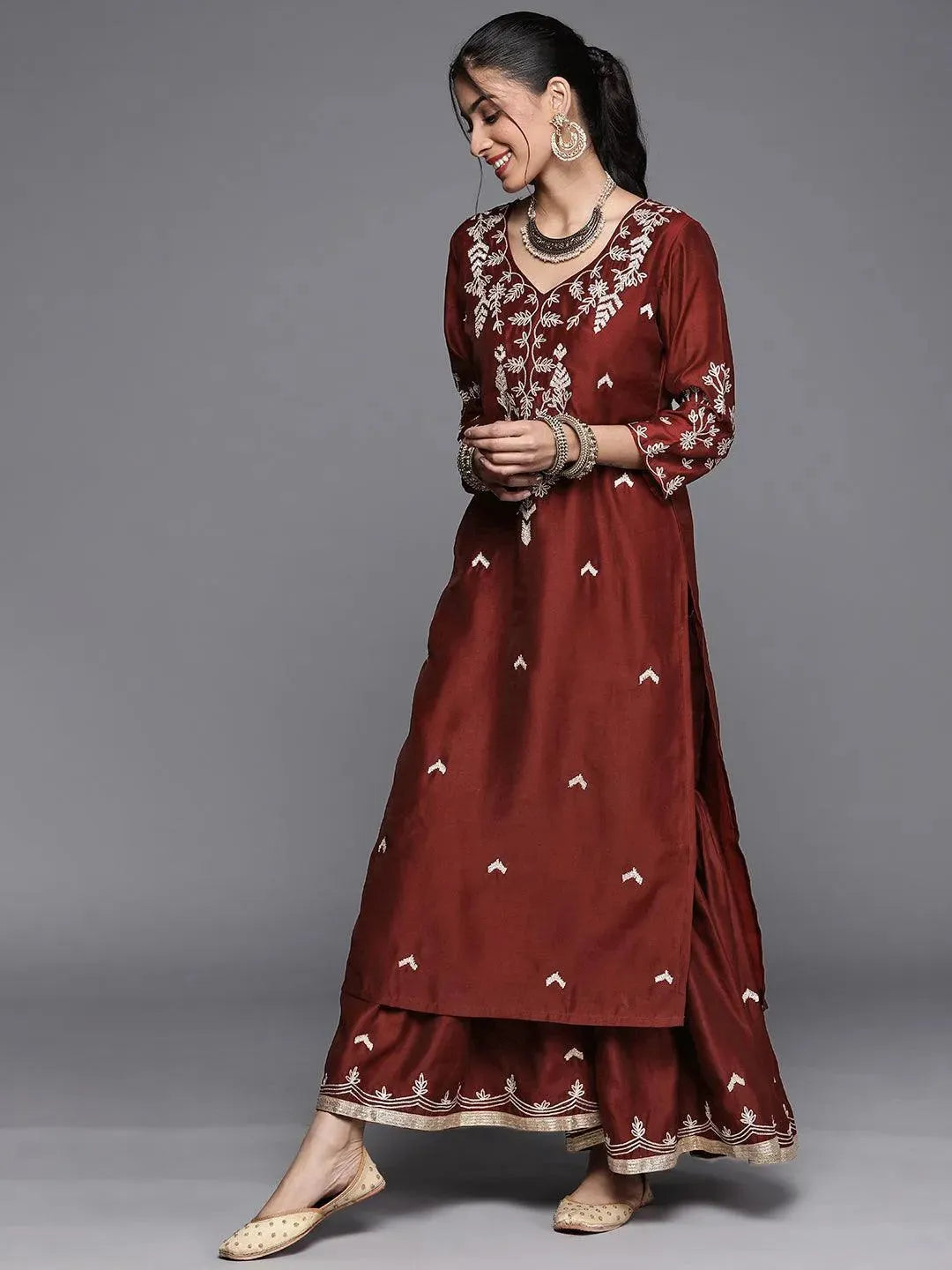 Maroon Embroidered Chanderi Silk Suit Set - Libas