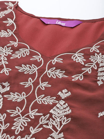 Maroon Embroidered Chanderi Silk Suit Set - Libas