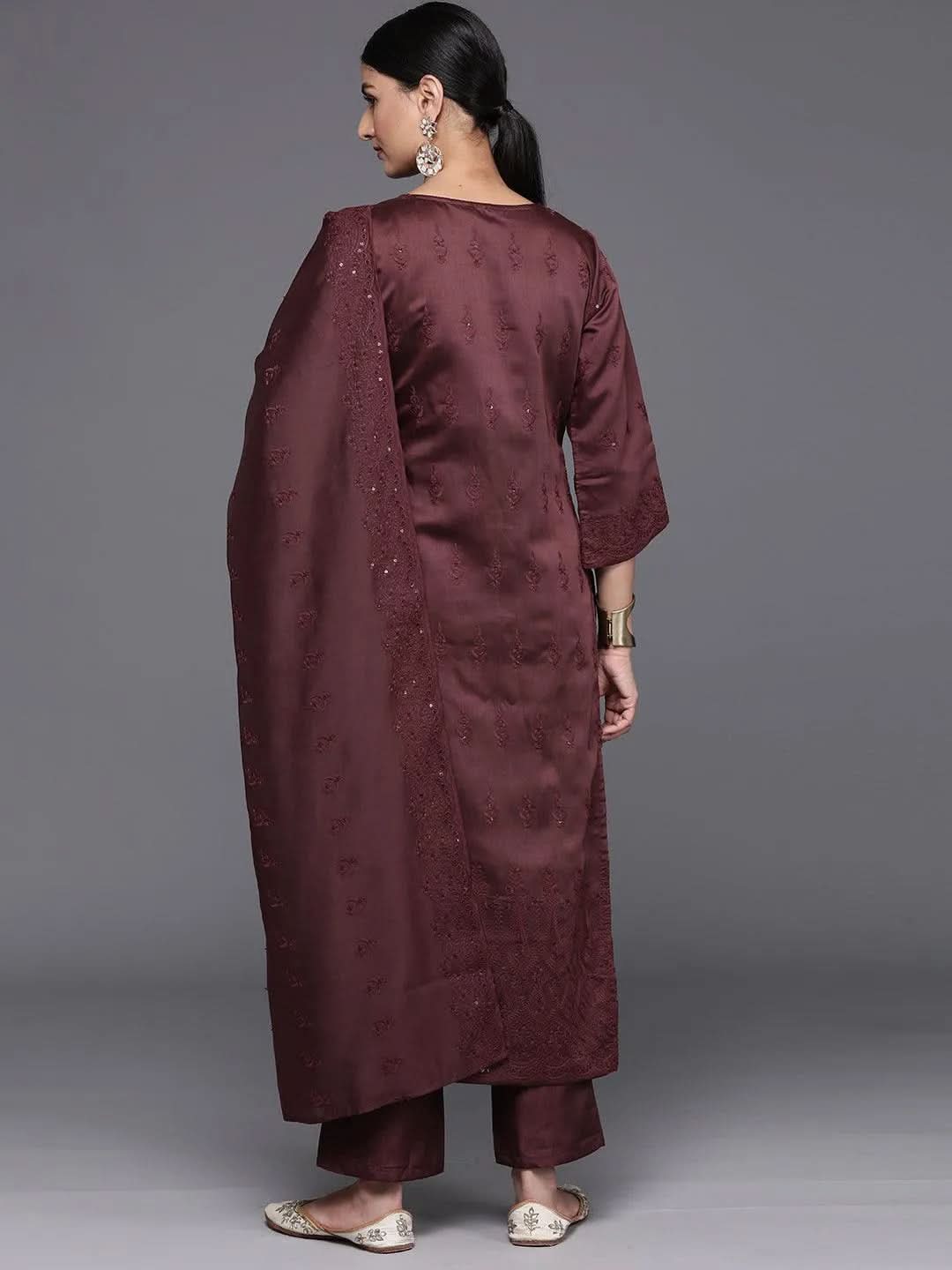 Maroon Embroidered Chanderi Silk Straight Kurta With Trousers & Dupatta - Libas 
