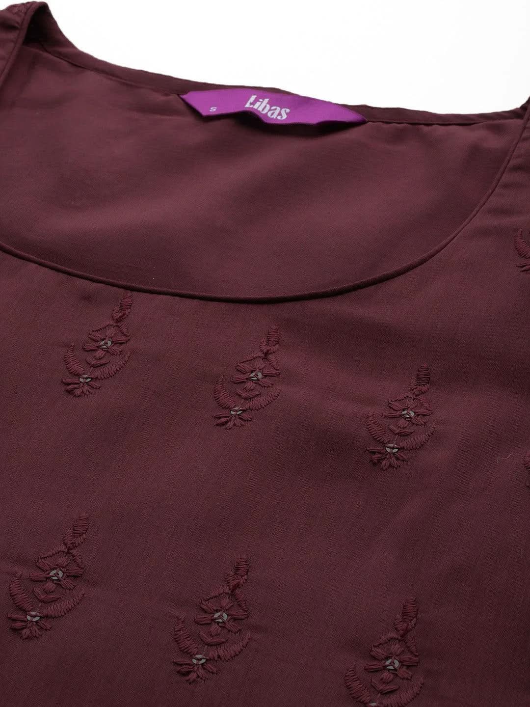 Maroon Embroidered Chanderi Silk Straight Kurta With Trousers & Dupatta - Libas 