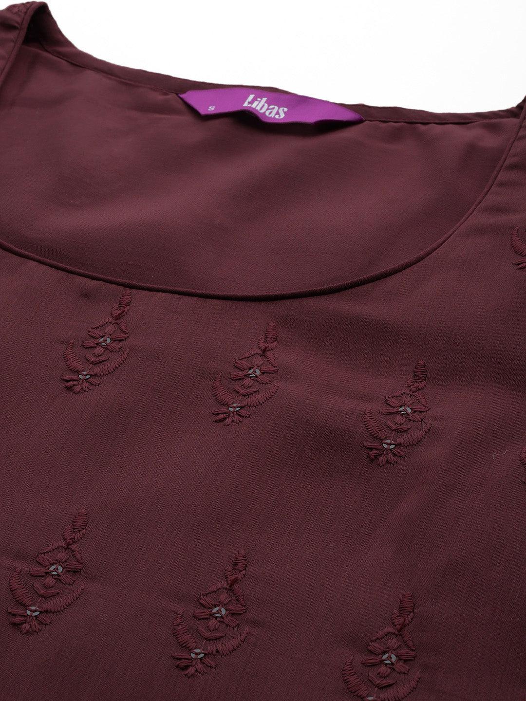 Maroon Embroidered Chanderi Silk Straight Kurta With Trousers & Dupatta - Libas