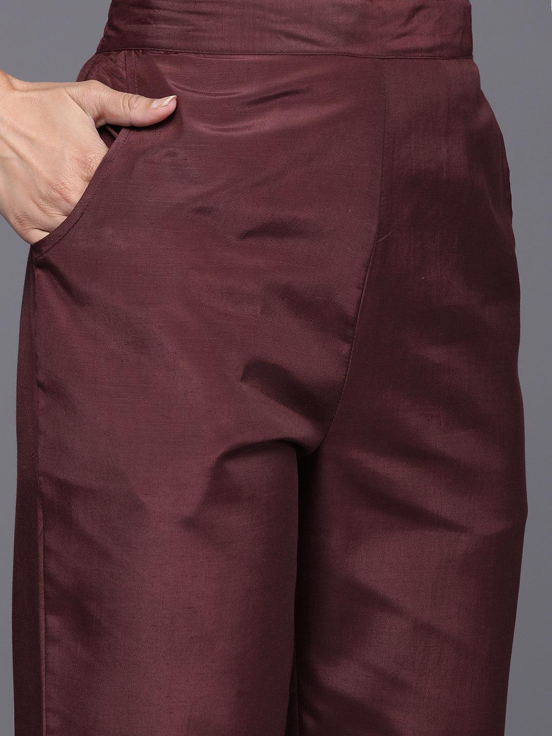 Maroon Embroidered Chanderi Silk Straight Kurta With Trousers & Dupatta - Libas
