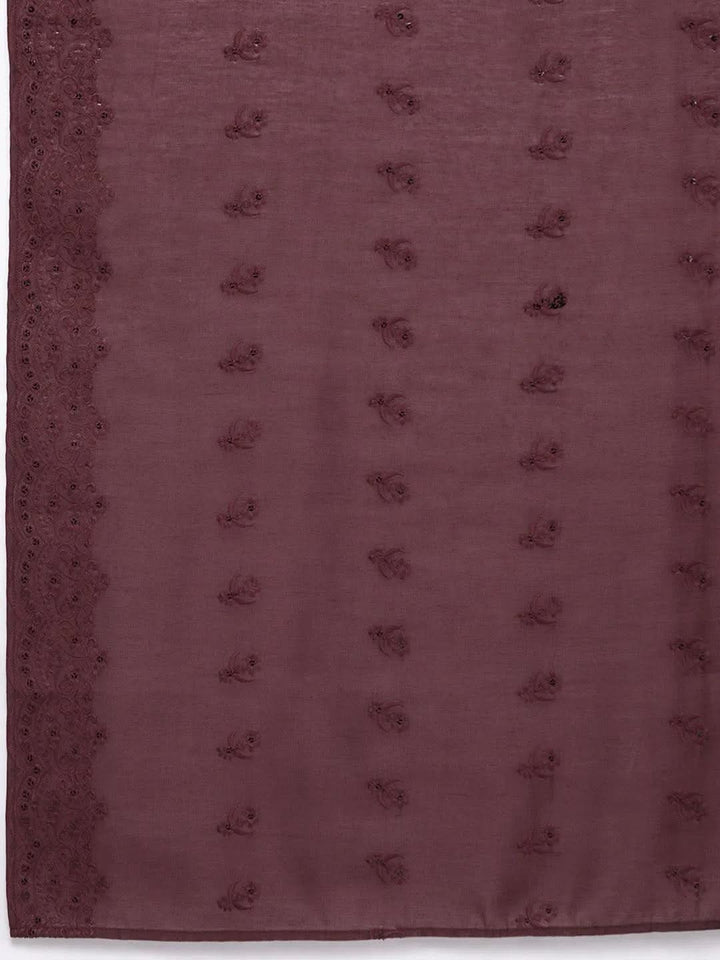 Maroon Embroidered Chanderi Silk Straight Kurta With Trousers & Dupatta - Libas
