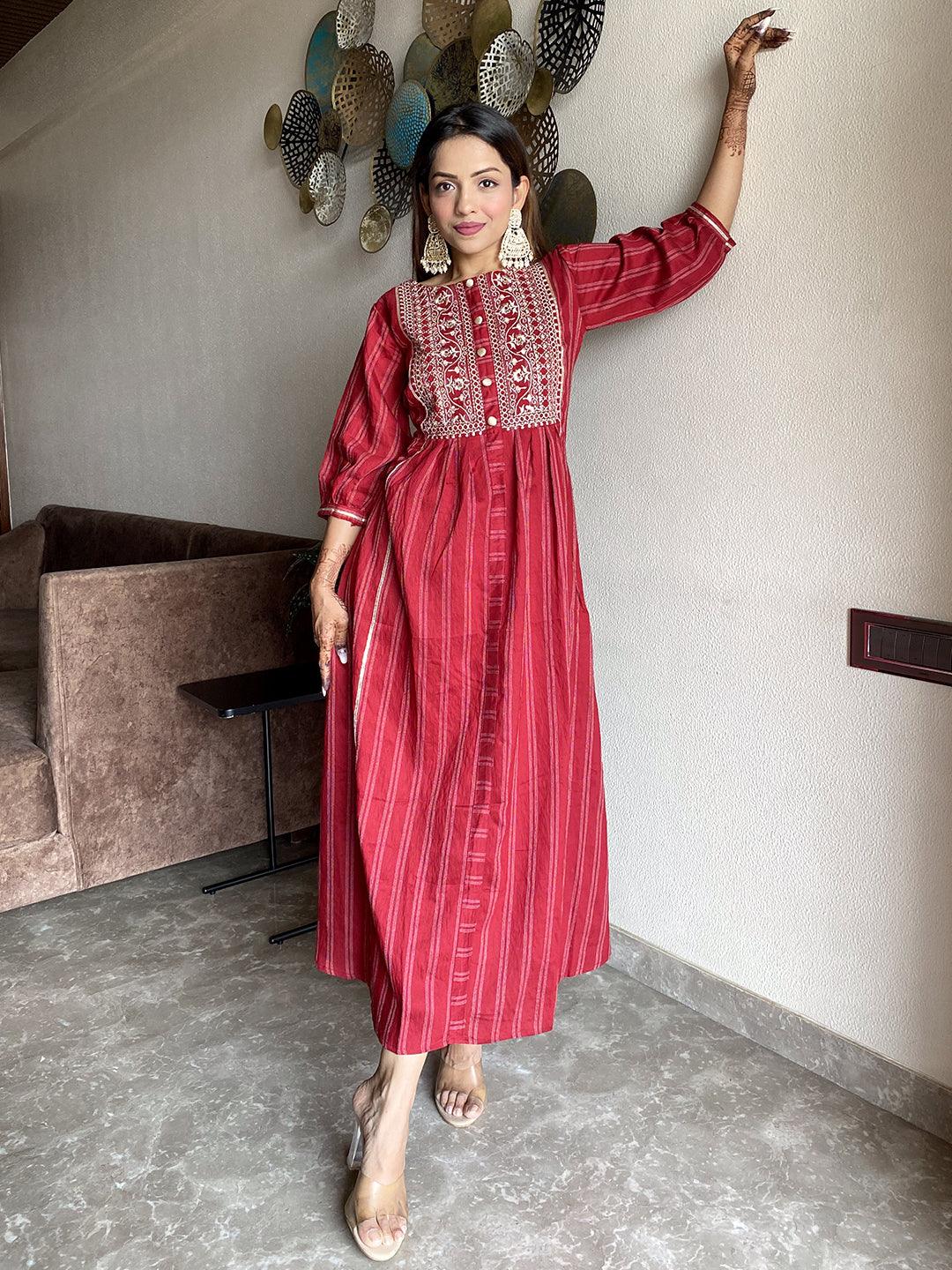 Maroon Embroidered Cotton Dress - Libas