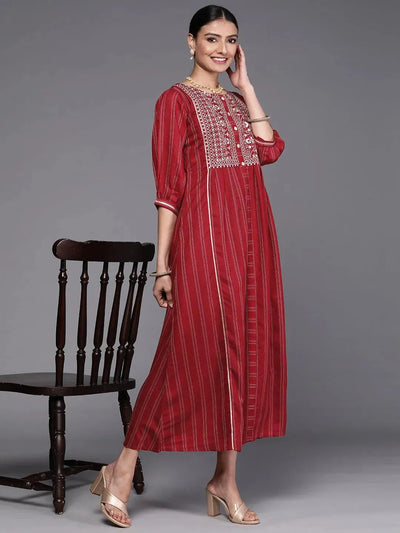 Maroon Embroidered Cotton Dress - Libas