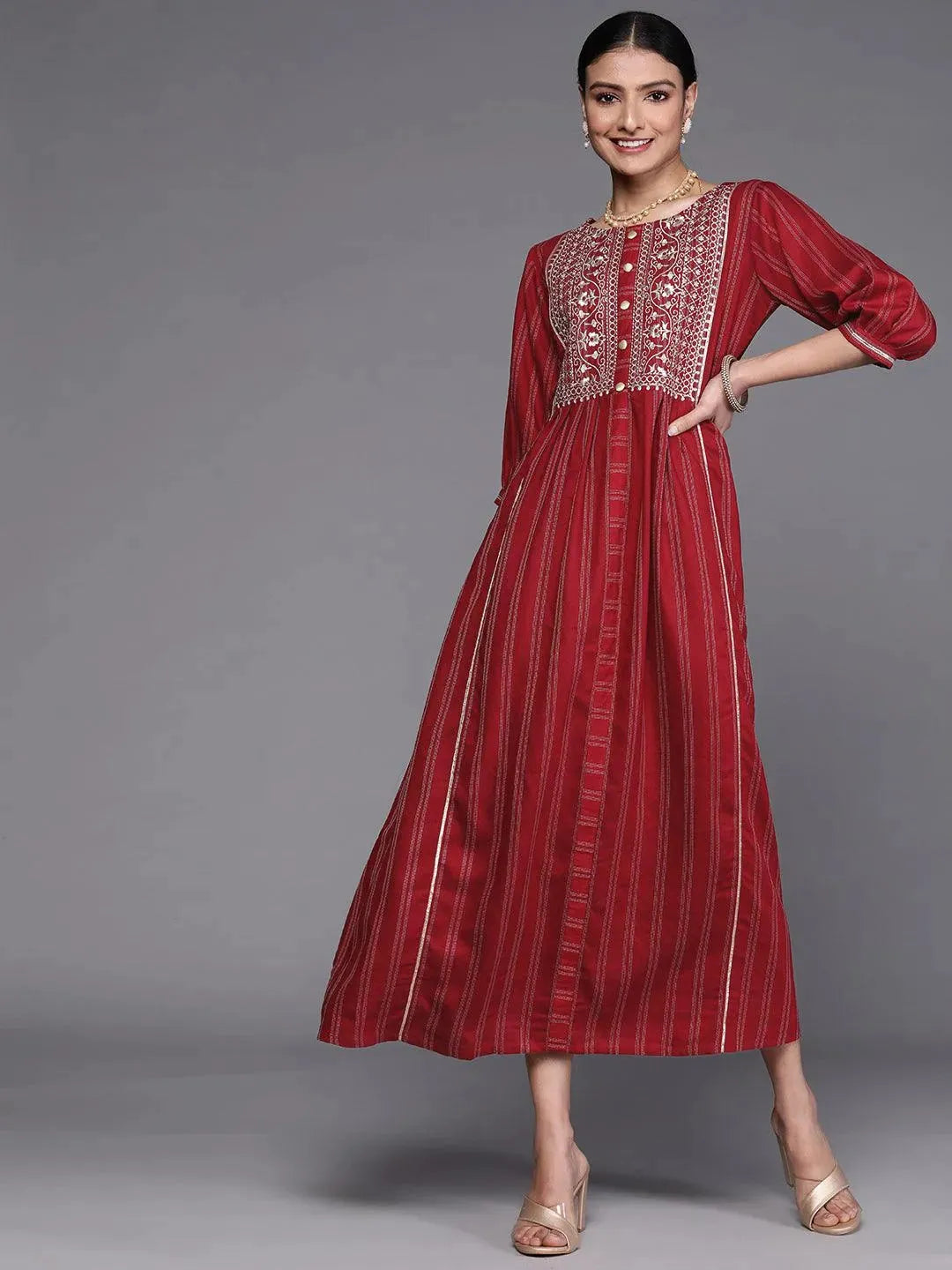 Maroon Embroidered Cotton Dress - Libas