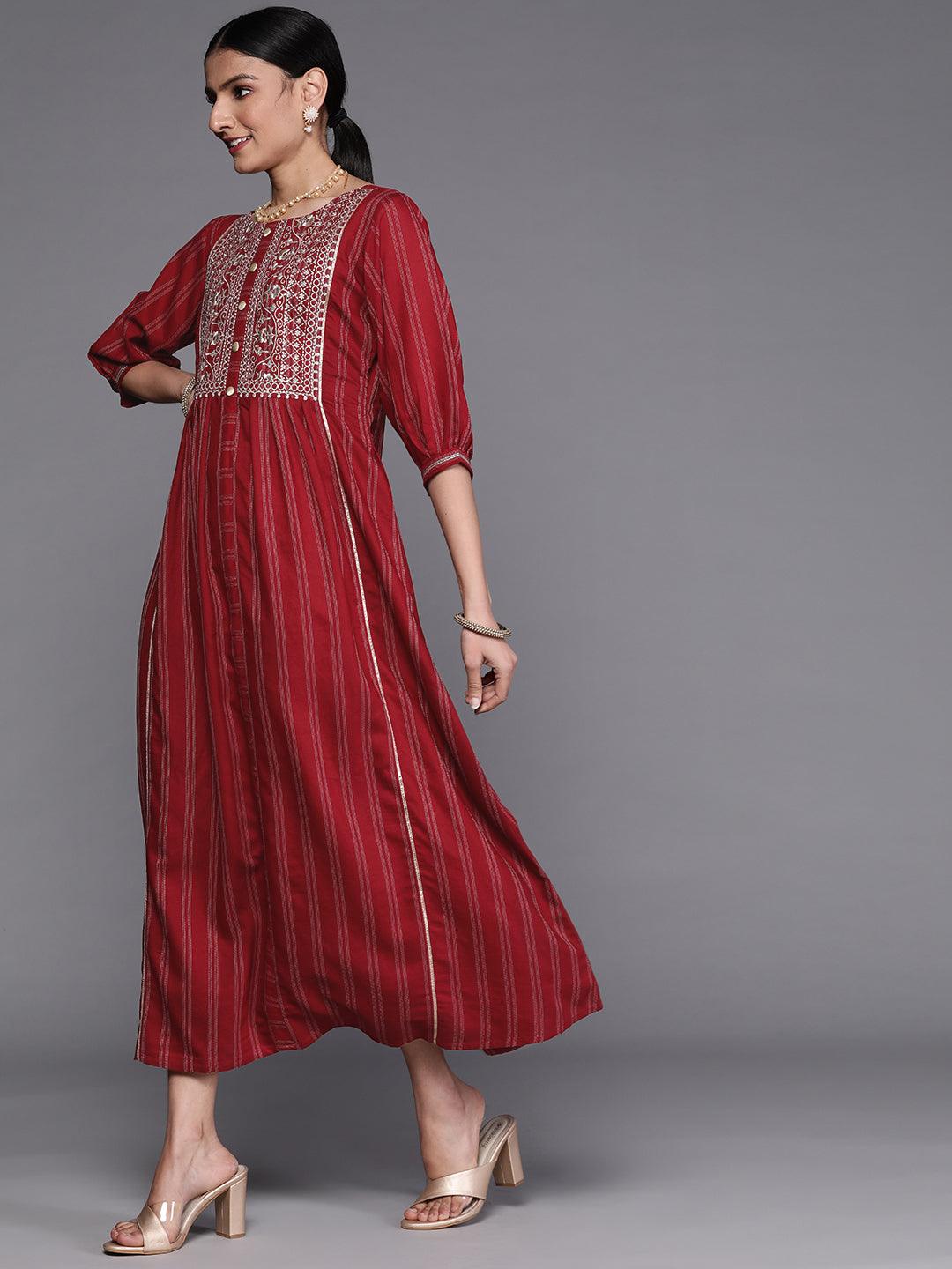 Maroon Embroidered Cotton Dress - Libas